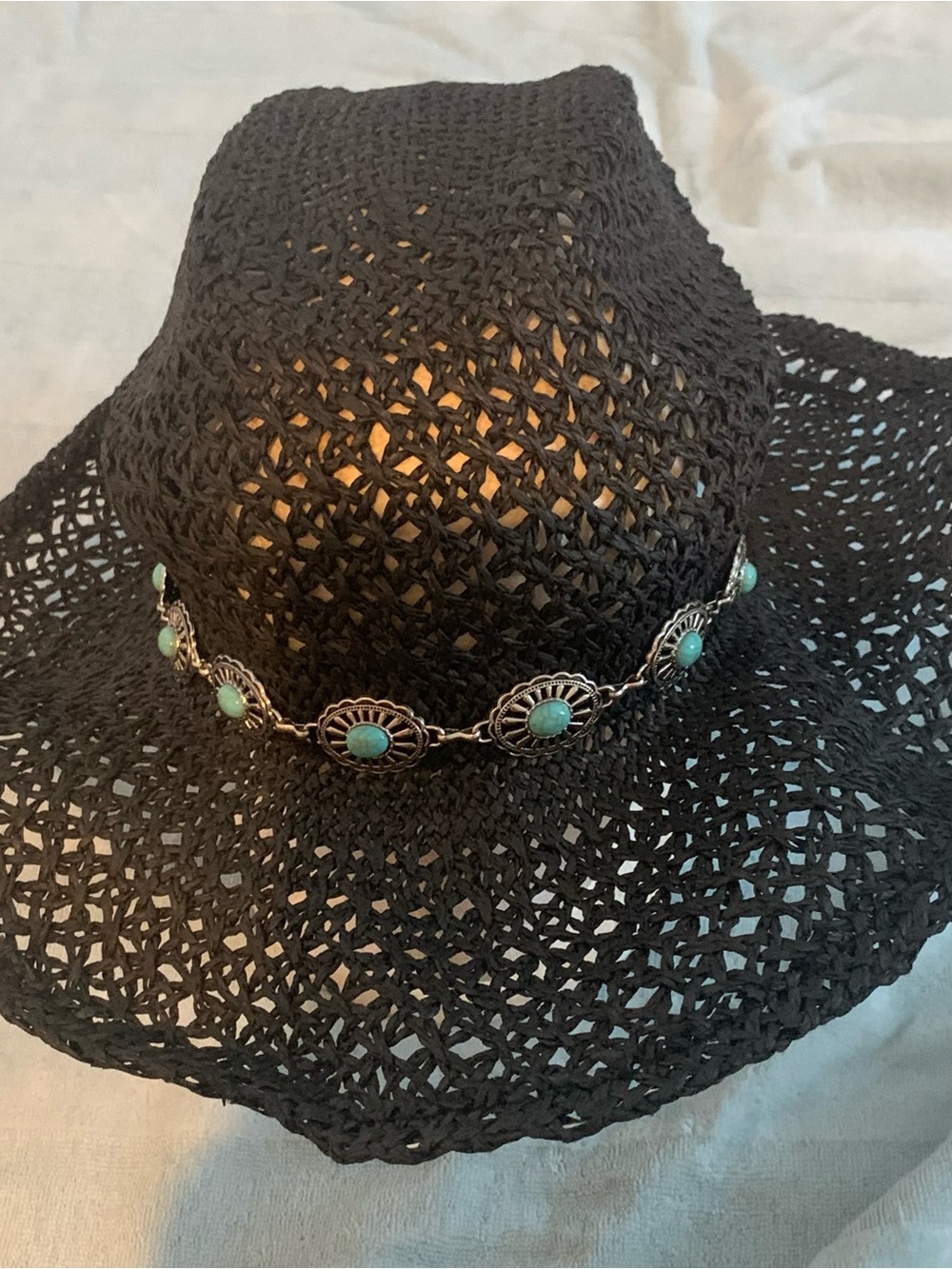 NWT San Diego Hat Company Black Woven Straw Hat with Turquoise Concho Band